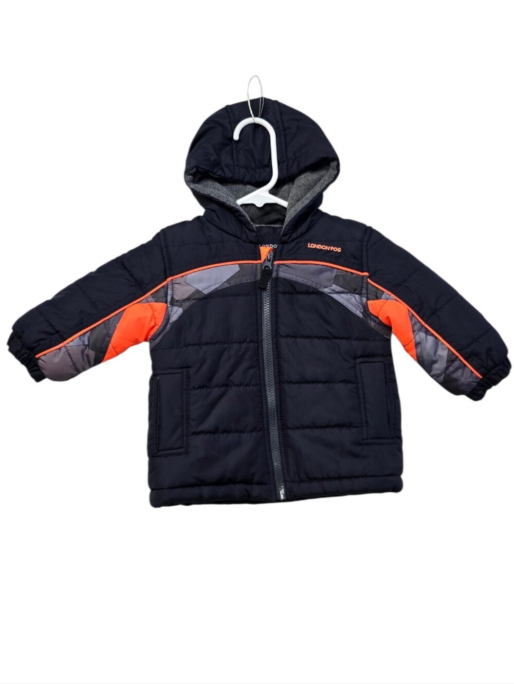London Fog Kids' Hooded Puffer Jacket - Navy with Orange Accents